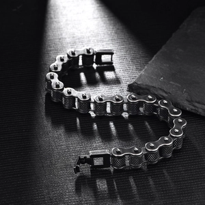 Industrial style black stainless steel bike chain bracelet with knurled mechanical details