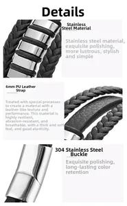 Detail of 6mm braided PU leather cord and high-polished 304 stainless steel clasp