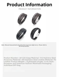 Macro detail of multi-layer braided leather bracelets with stainless steel magnetic clasps