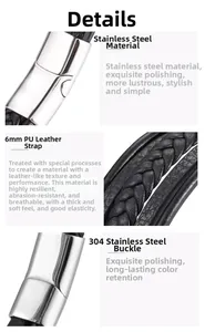 Detail of 6mm black braided PU leather bracelet with polished 304 stainless steel clasp