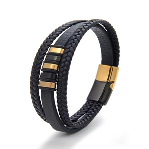 Men's multilayer black braided leather bracelet with gold stainless steel magnetic clasp