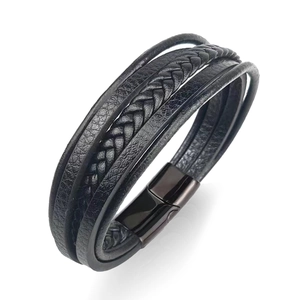 Black multilayer braided leather bracelet for men with matte magnetic steel clasp
