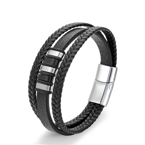 Men's multilayer black braided leather bracelet with stainless steel magnetic clasp