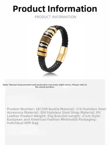 Detailed specifications of black braided leather bracelet with stainless steel clasp