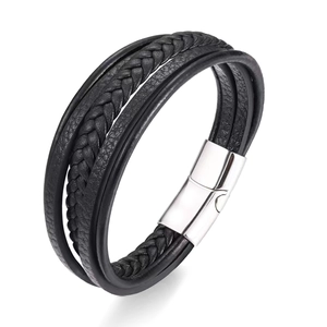 Men's multilayered black woven leather bracelet with polished silver magnetic clasp