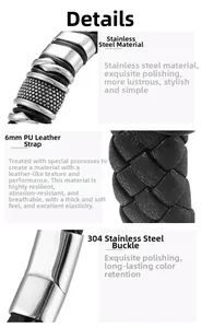 Macro detail of 6mm black braided leather bracelet with polished 304 stainless steel buckle