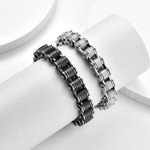 Industrial style bike chain bracelet in black and silver stainless steel for men