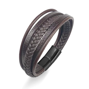 Men's multilayer braided brown leather bracelet with black matte magnetic metal clasp