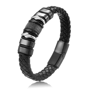 Men's black braided leather bracelet with multi-layered stainless steel metal ornaments