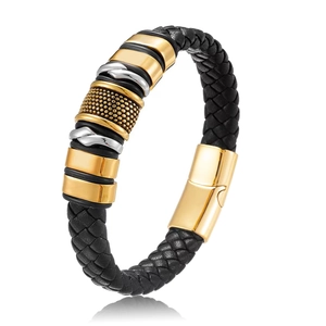 Men's multilayer braided black leather bracelet with gold and silver metal rings