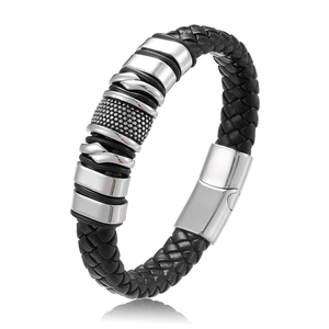 Men's black braided leather bracelet with silver stainless steel rings and magnetic clasp
