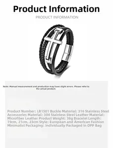 Macro detail of men's leather bracelet showing cross ornament and magnetic clasp mechanism