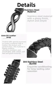Detail view of 6mm black braided PU leather bracelet with 304 stainless steel clasp