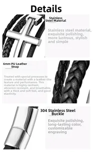 Detail showing the 6mm black braided PU leather cord and 304 stainless steel cross clasp