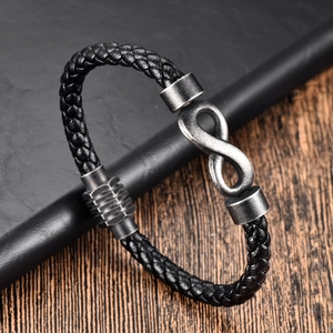 Men's vintage black braided leather bracelet with silver infinity symbol and metal bead