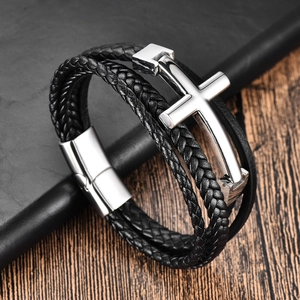 Men's multi-layer black braided leather bracelet featuring a silver stainless steel cross