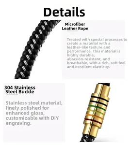 Detail of woven microfiber leather cord and 304 stainless steel magnetic clasp with rainbow ring