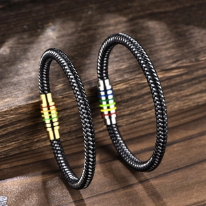 Braided black leather bracelets with rainbow magnetic clasps in gold and silver finish