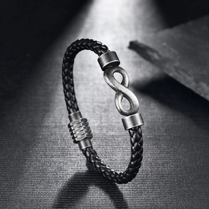 Men's retro black braided leather bracelet with silver infinity metal buckle design