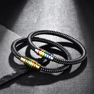 Braided leather bracelets for men with colorful striped magnetic clasp in gold and silver
