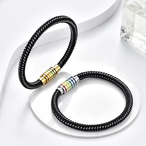 Braided black rope bracelet with rainbow magnetic metal clasp in gold and silver finish