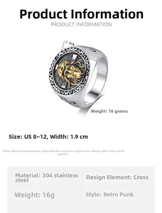 Macro view of vintage punk cross ring made of 304 stainless steel with golden Jesus portrait