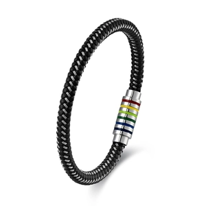 Men Braided Leather Cord Bracelet Stainless Steel Magnetic Buckle Bracelet Colorful Rainbow Stripe Jewelry Punk Fashion Gift