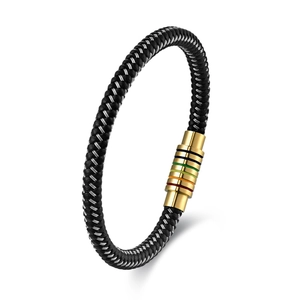 Braided leather cord bracelet with golden magnetic clasp and rainbow ring accent