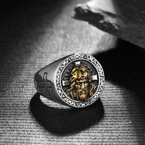 Retro mens cross signet ring in titanium steel with golden religious relief and carved cross