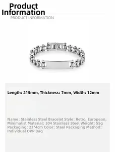 Detailed view of stainless steel bicycle chain bracelet with polished metal plaque