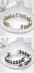 Detail of industrial bicycle chain bracelet with engravable metal tag in dual-tone finish
