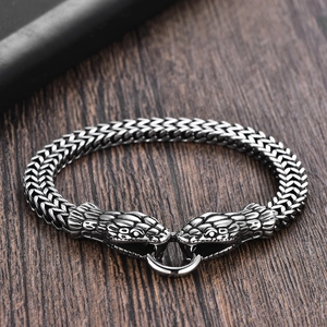 Retro stainless steel double snake head woven chain bracelet with ring clasp for men