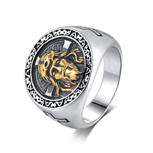 Vintage retro men's silver and gold titanium steel ring with Jesus and cross detail
