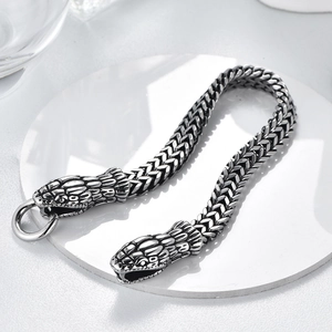 Men's retro titanium steel double snake head chain bracelet with vintage silver finish