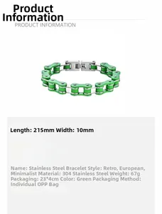 Vue détaillée du bracelet de moto en acier inoxydable 304 vert et argenté pour homme