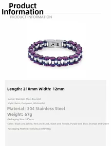 Detail view of bicycle chain bracelet for men in purple blue finish with size specs