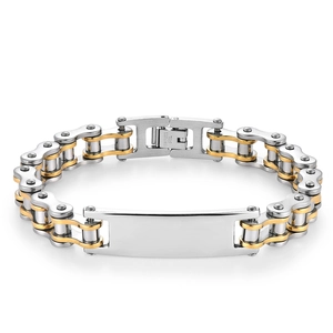 Detailed macro of a two-tone stainless steel biker link bracelet with engravable ID plate