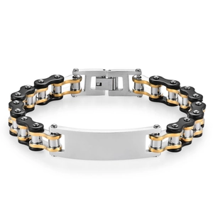 Detailed view of tricolor steel motorcycle chain bracelet with blank engravable plate