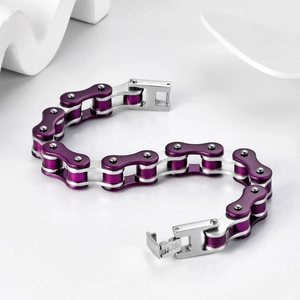 Bracelet chaîne de vélo pour hommes en acier inoxydable violet et argenté industriel
