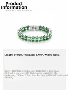 Dettaglio del bracciale a catena da moto 210mm in acciaio inossidabile 304 con verde