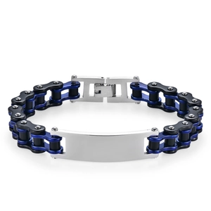 Macro detail of blue and black stainless steel motorcycle chain bracelet with silver ID plate