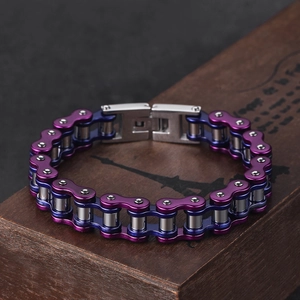 Men's double-row mechanical bike chain bracelet in purple and blue gradient stainless steel