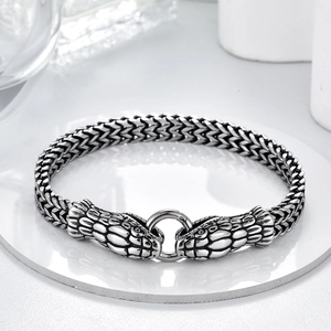 Retro titanium steel double snake head bracelet with wheat chain design and ring clasp