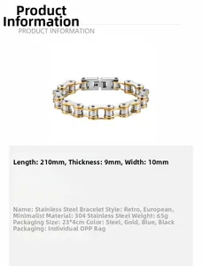 Vue détaillée du bracelet chaîne de vélo bicolore en acier inoxydable 304 avec dimensions