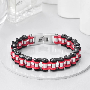 Detail of red and black industrial bicycle chain bracelet with stainless steel clasp