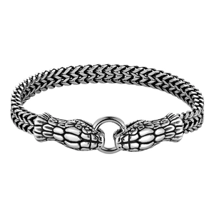 Retro double snake head stainless steel wheat chain bracelet with antique silver finish