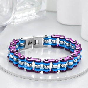 Bracciale a catena da moto in acciaio inossidabile stile rock con rivestimento viola e blu