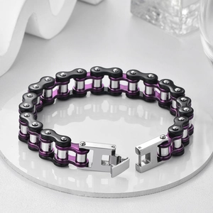 Detail of industrial bicycle chain bracelet in purple, black and silver stainless steel