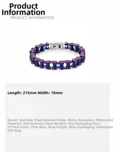Vue détaillée du bracelet chaîne de vélo en acier inoxydable 215mm x 10mm bleu et noir