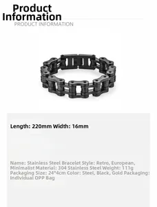 Detail view of 220mm black stainless steel motorcycle chain bracelet with 16mm width